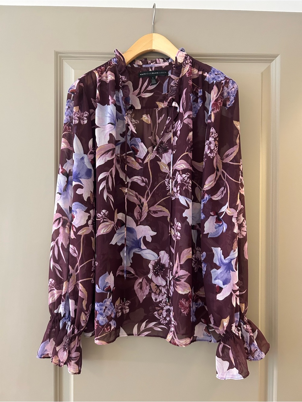 White House Black Market Plum Floral Tie-Neck Blouse